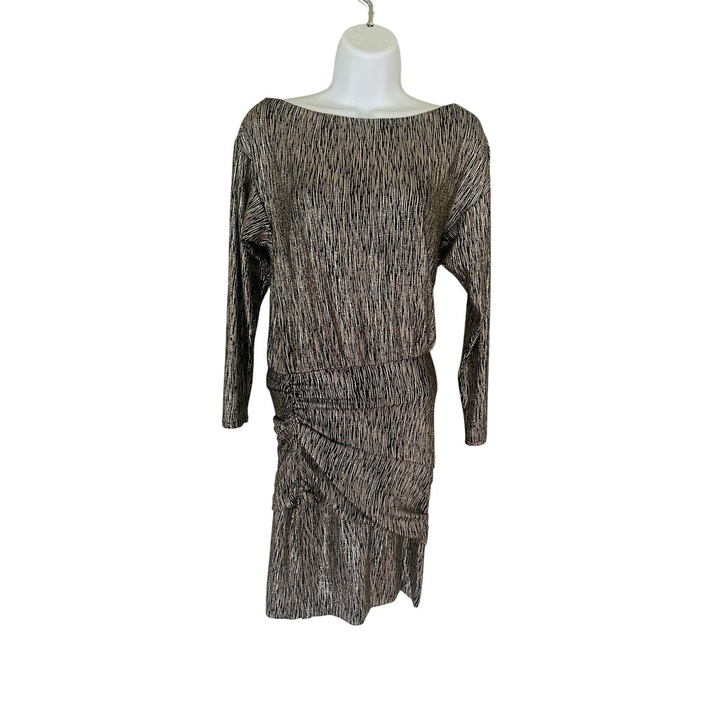 Maje Paris Metallic Gold Black Dress Boat Neck Ruched Long‎ Sleeve Party Small